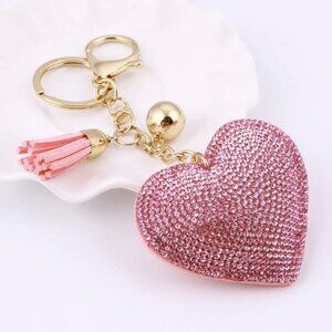 Puffy Heart Charm / Keychain with Rhinestones and Long Tassel
